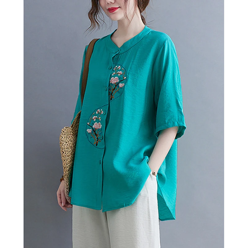 New Summer Women\'s Chinese Ethnic Style Embroidery Shirt Vintage Stand Collar Cotton Linen Blouse Ladies Loose Short Sleeve Tops