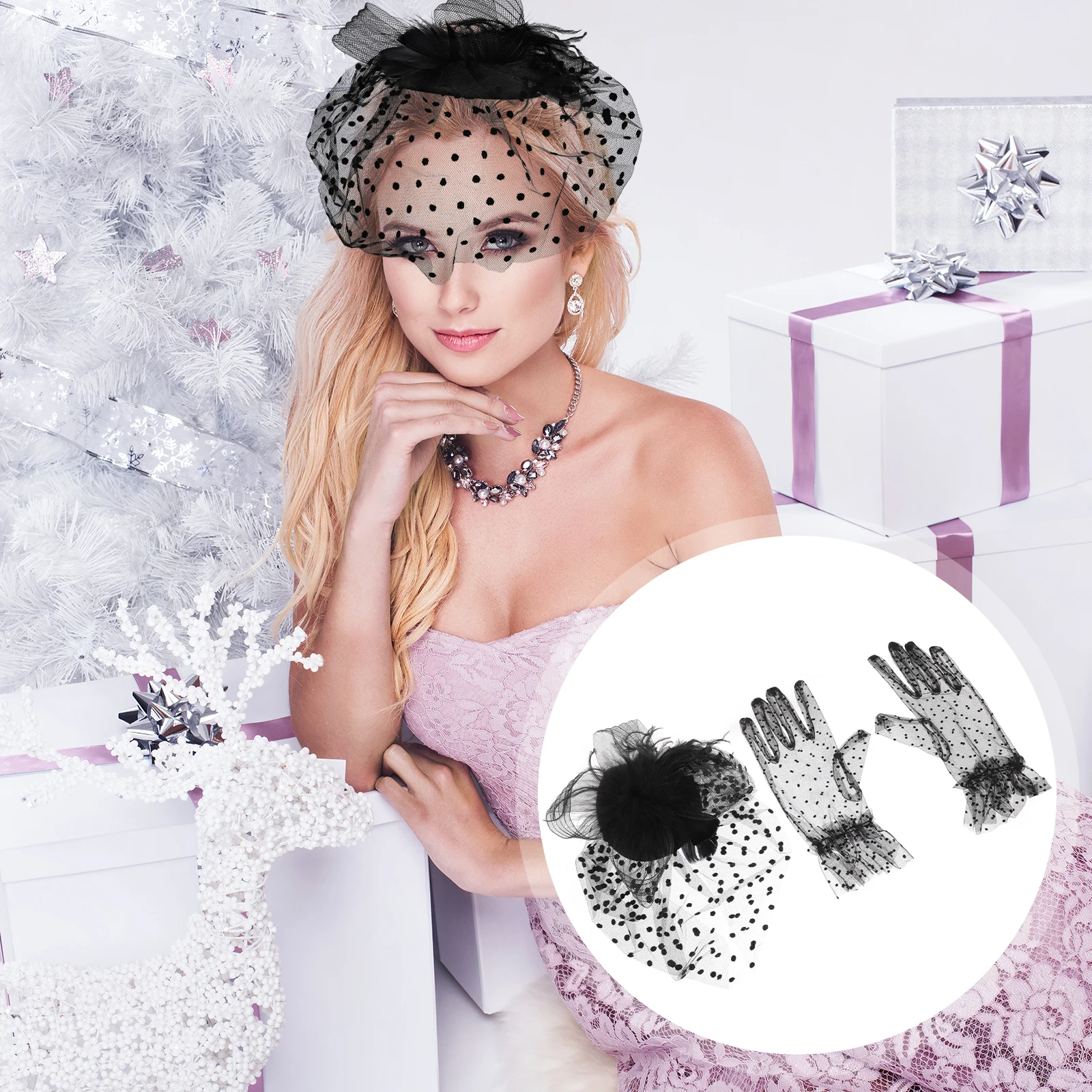 

Stylish Hat Gloves Set Women Headdress Fabric Lady Gloves for Party Prom Wedding Special Occasions Elegant Hair Accessory