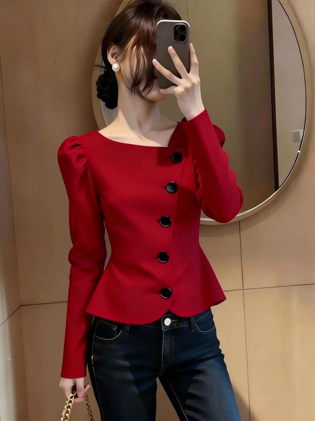 

Корейская роскошная ретро-рубашка с красными рукавами-фонариками для женщин, повседневная, с эффектом увеличения объема, весенняя новинка, большие размеры