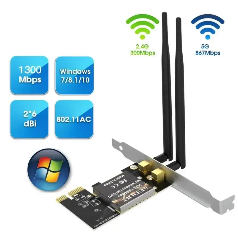 EDUP EP-9607 PCI-e Wireless Network Card 2.4/5.8GHz Dual Band AC 1200Mbps PCI Express x1 Desktop WiFi Adapter for Win 7/8.1/10