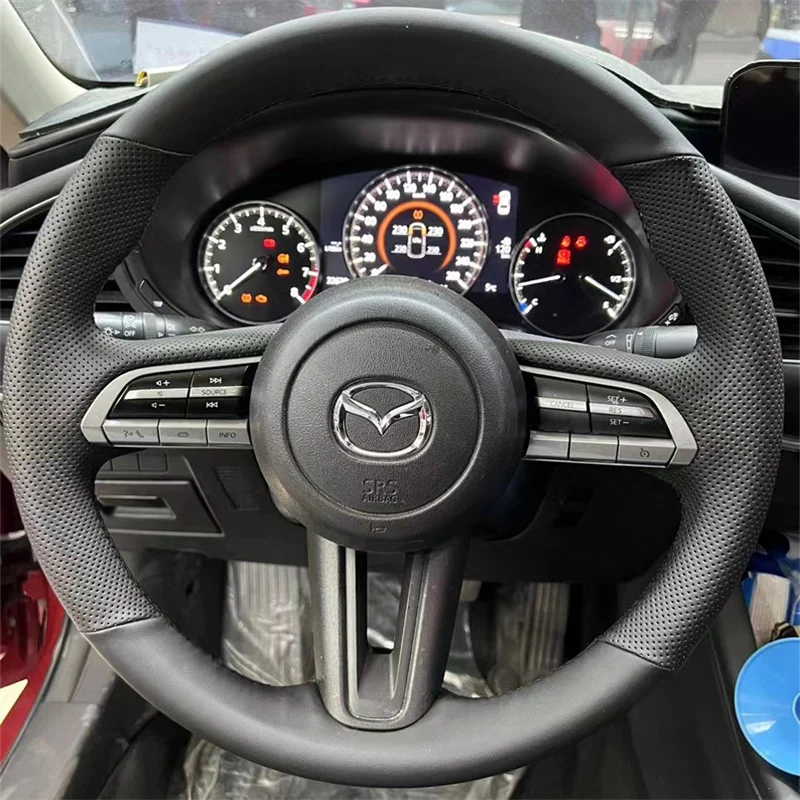 For Mazda CX-30 2019-2022 Mazda 3 Axela 2019-2022 Hand Stitched non-slip red black Genuine Leather Car Steering Wheel Cover