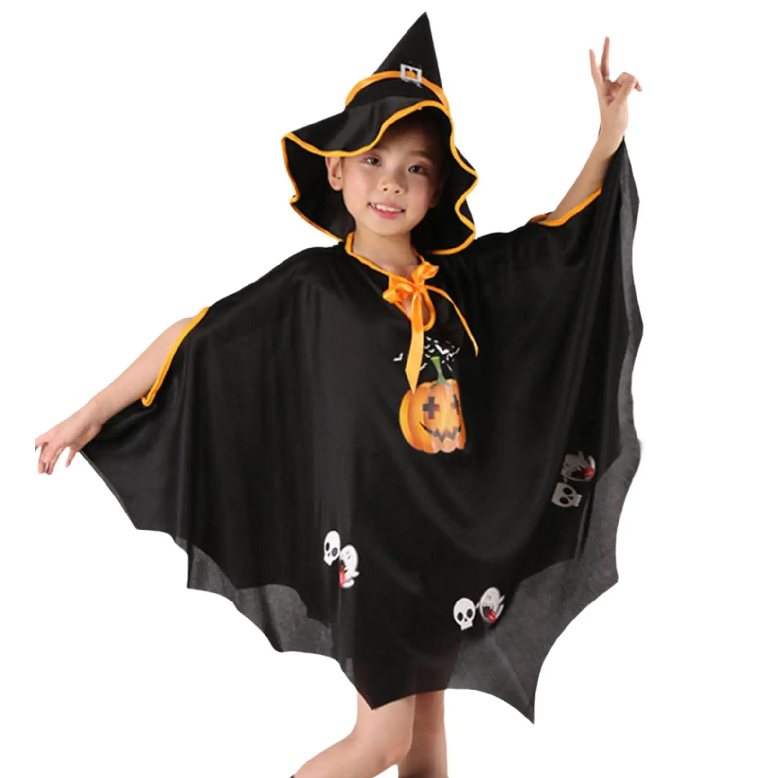 Fantasia infantil de Halloween, capa e chapéu de bruxa para performance em festival, dramatização preta