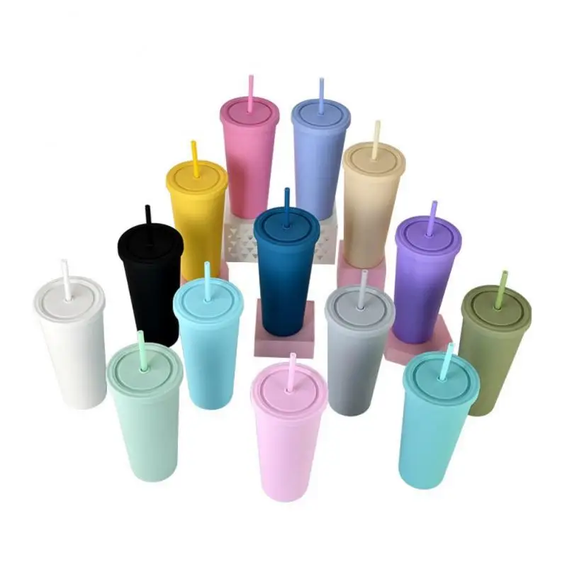 reusable double wall 700ml 710ml 24oz pastel color plastic cup cold cup plastic tumbler with straw and lid