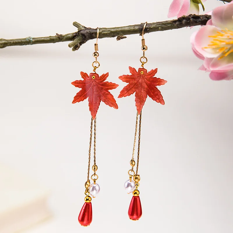 Kaedehara Kazuha Earrings Chains Genshin Impact Maple Leaves Ear Hook Type Anime Game Chinese Style Tassel Earrings Ear Clip