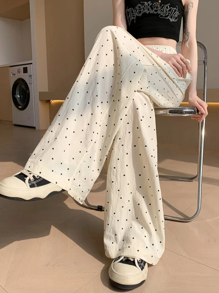 2025 Polka Dot Baumwolle Leinen Breite Bein Hosen frauen Sommer Dünne Elastische Taille Lose Beiläufige Gerade Neun Punkte Hosen wh10