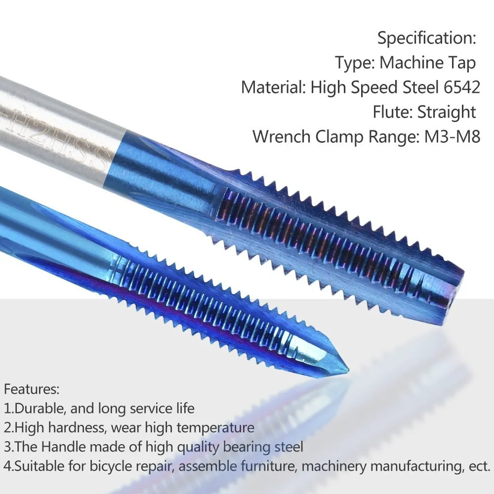 M1-M1.8 M2-M20 HSS Machin Straigh Flute Thread Tap Nano Blue Coated Screw Tap Drill Hand Tool for Metalworking Tools