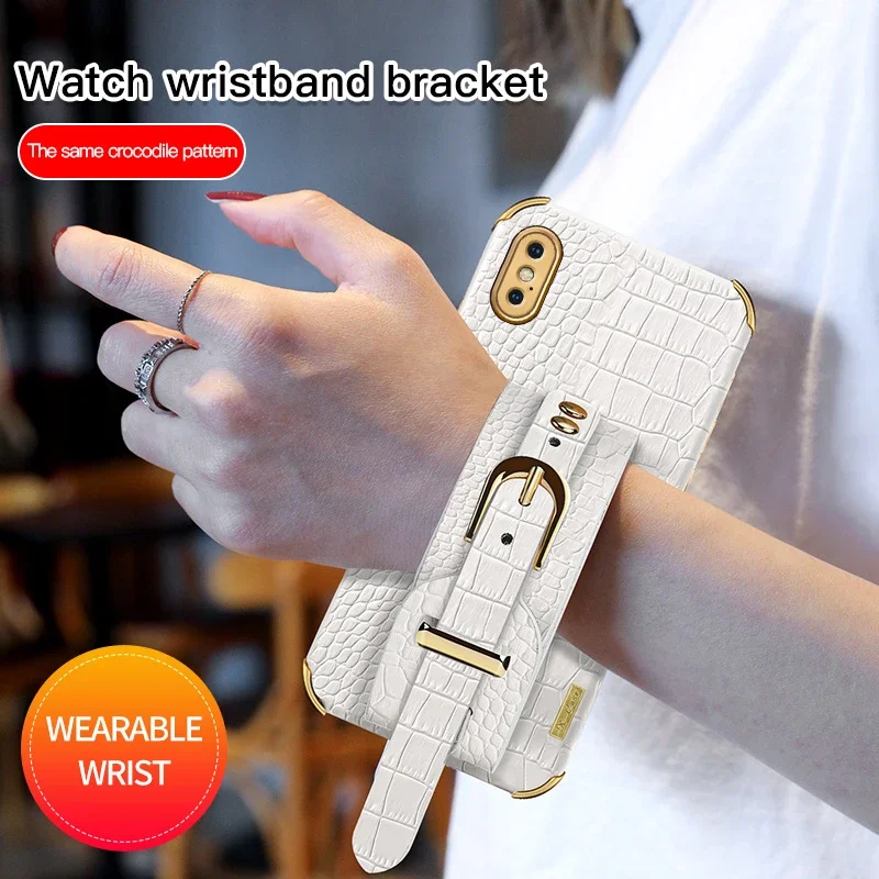 Wristband Wrist Strap Crocodile PU Leather Soft Phone Case For IPhone XS Max X XR Anti-Drop Holder Stand Cover Silicone Cases