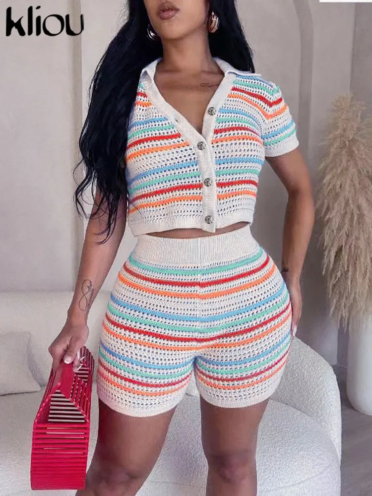 Kliou Horizontal Stripe Knitted Two Pieces Set Women Casual Turndown Collar Botton T-shirt + High Waist Short Lady Skinny Suit