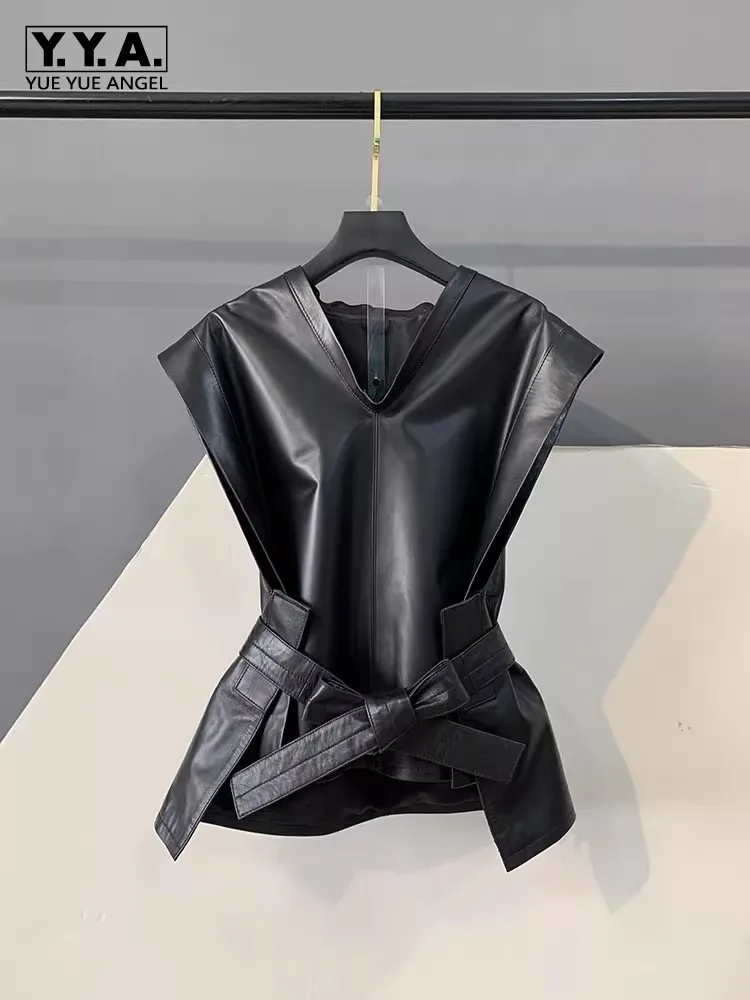 

Fashion Autumn Real Sheepskin Women V-Neck Vest Slim Fit Tank Top Genuine Leather Sleeveless Outerwear Belt Lady Party Waistcoat
