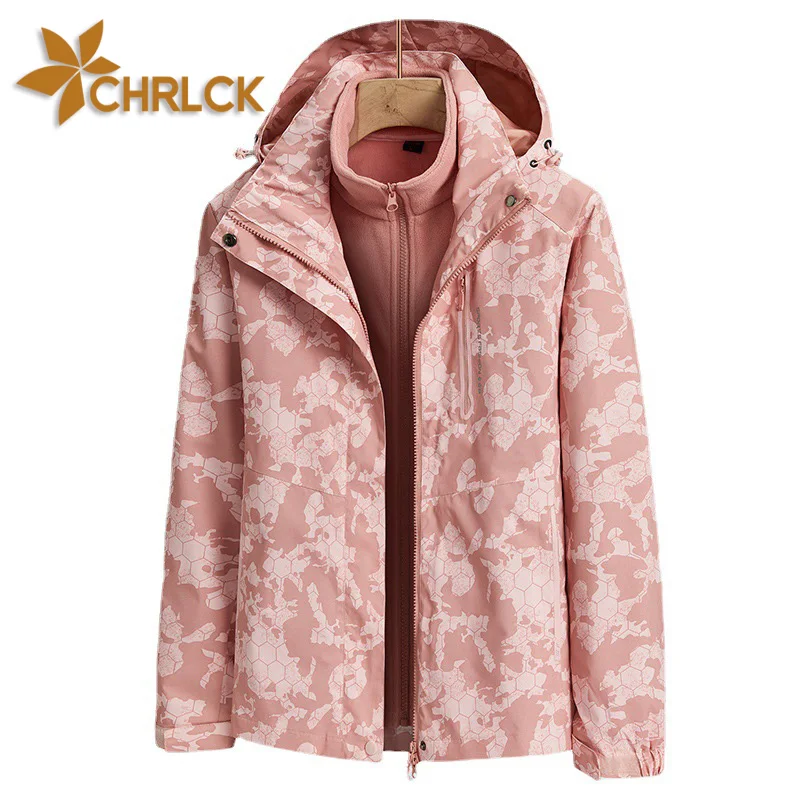 CHRLCK Women\'s 3 In 1 Thick Hiking Jacket Fleece Waterproof Winter Windbreaker Outdoor Warm Camping Jacket Women Windproof Coat