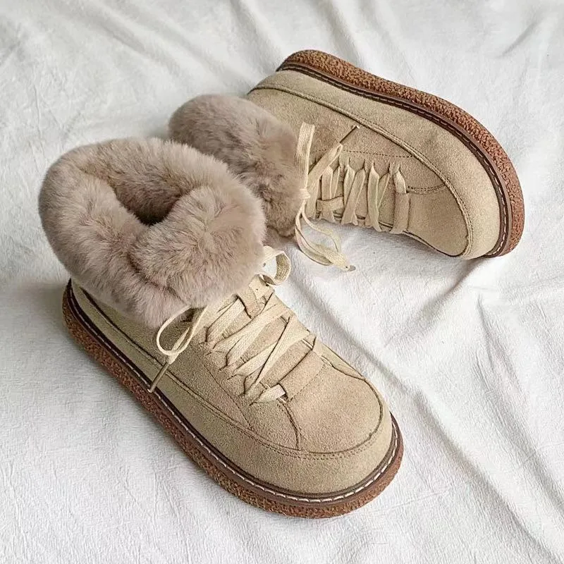 

Новые осенне-зимние модные теплые хлопковые туфли для женщин, зимние с толстым бархатом и круглыми зимними противоскользящими короткими ботинками на шнуровке.