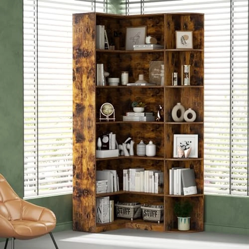 Bookshelves 6 Tiers Shelf Large Tall Corner Etagere Bookcase with Full Baffle L Shaped Modern Storage Display