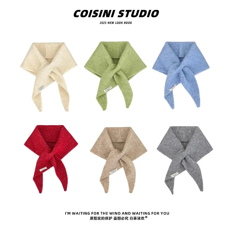 

New Korean Simple Solid Color Cross Triangle Scarves for Women Autumn Winter Casual Versatile Warm Neck Protection Knitted Scarf