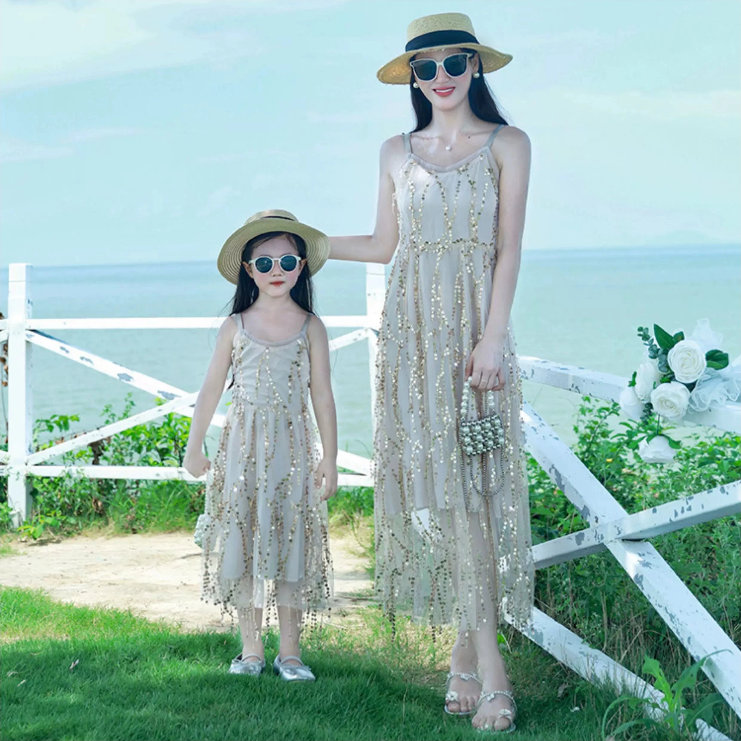 2026 Summer Mom & Me Matching Outfits Sequin Tulle Backless Maxi Dress for Beach Vacation & Party Photoshoot