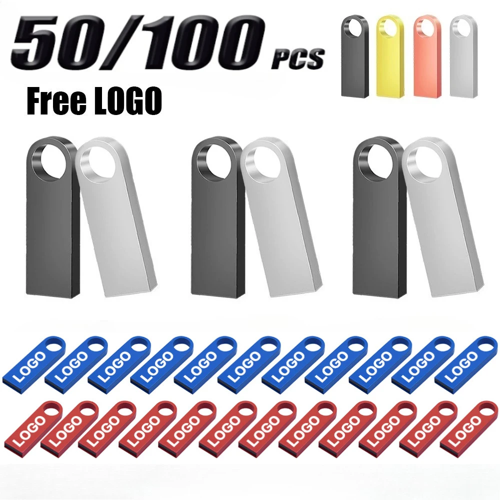 

50/100 Pcs/lot usb Free Logo metal USB Flash Drive 64GB 32GB 8GB 4GB memory Flash USb Stick pen drive 128mb 512mb PenDrive 2.0