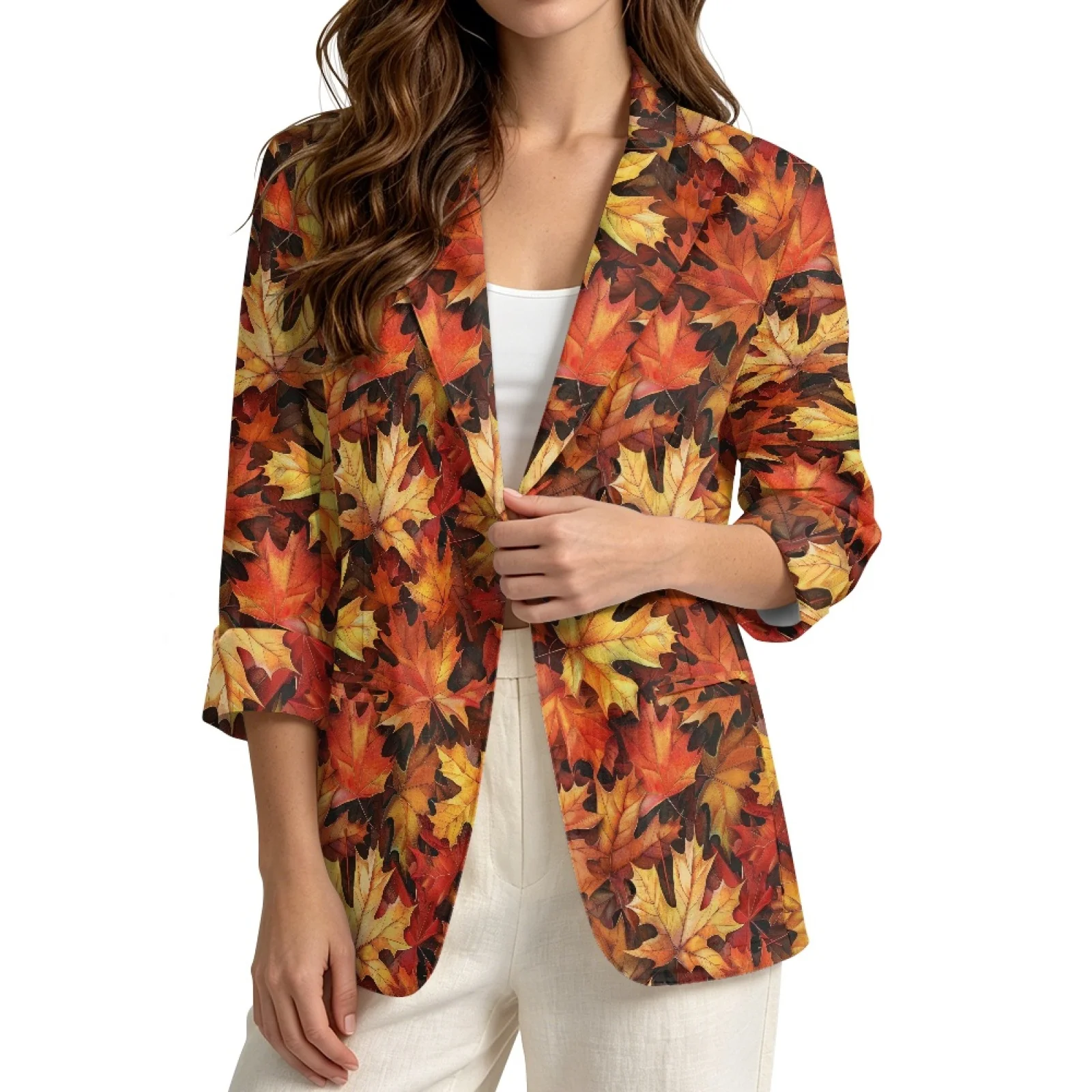 PENSTROLL Maple Leaf Linen Like Open Front Cardigan Work Cardians for Women Lightweight Open Front Button Cardigans