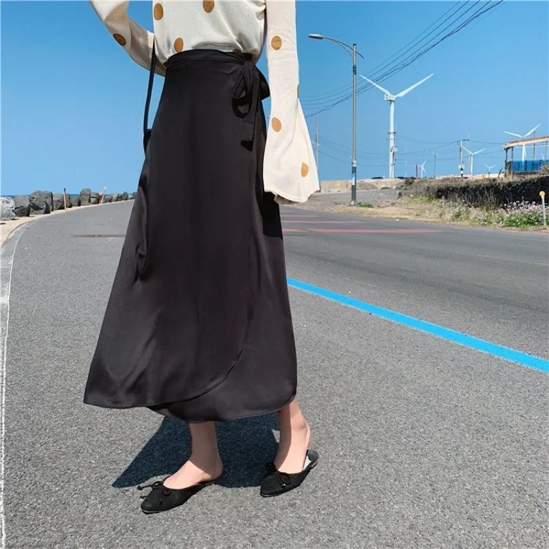 Slit Midi Skirts Women One-piece Solid Elegant Bandage Design French Style Vintage Summer New All-match Mature Casual Vacation