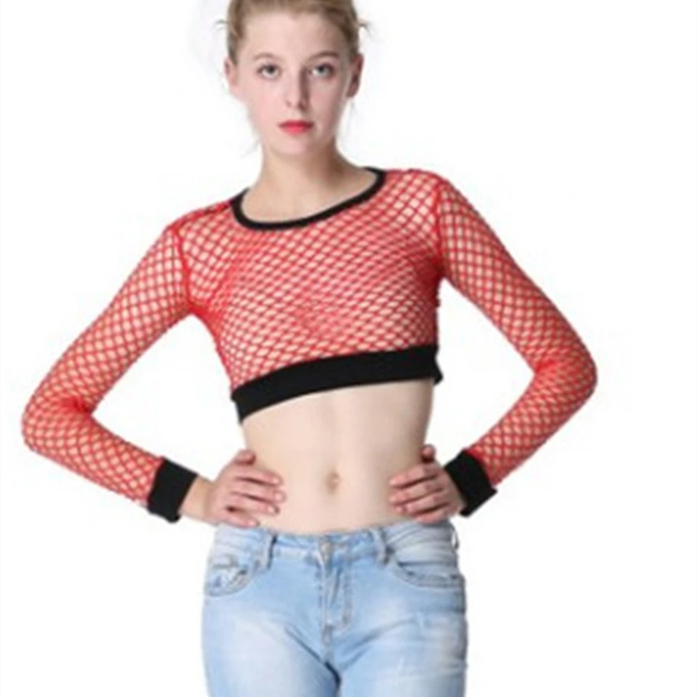 Sexy Fishnet See Through Y2k Crop Top T-shirts Woman Blouses 2022 Summer Long Sleeve Tshirt For Women Transparent Clothes Shirts