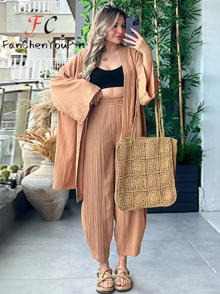 Women\'s Sets 2024 Spring Summer Casual Oversize Flare Sleeve Cardigan Loose High Waist Ankle-Length Pants Cotton 2-pieces Suit