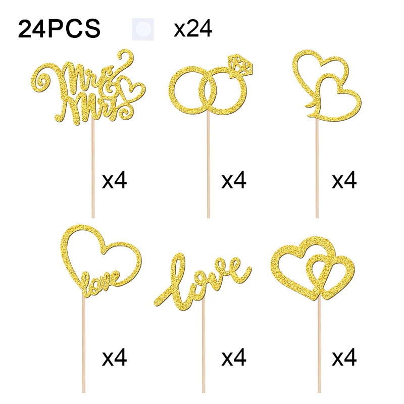 YOMDID 24 Stück Hochzeits-Cupcake-Topper, glitzernde Mr. & Mrs. Kuchenaufsätze, Doppelherzen, Liebesherzringe, Kuchenaufsätze, Hochzeitsdekorationen – Detail 6