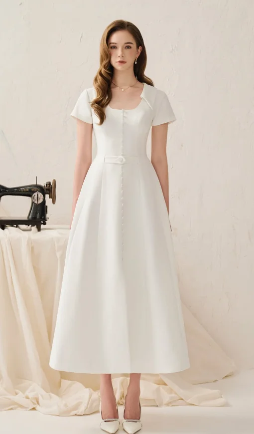

Vintage White Matte Satin Midi Bridal Gown Lapel Square Neck Short Sleeve Full Button Front Waist Belt Flared A Line Simple Elop