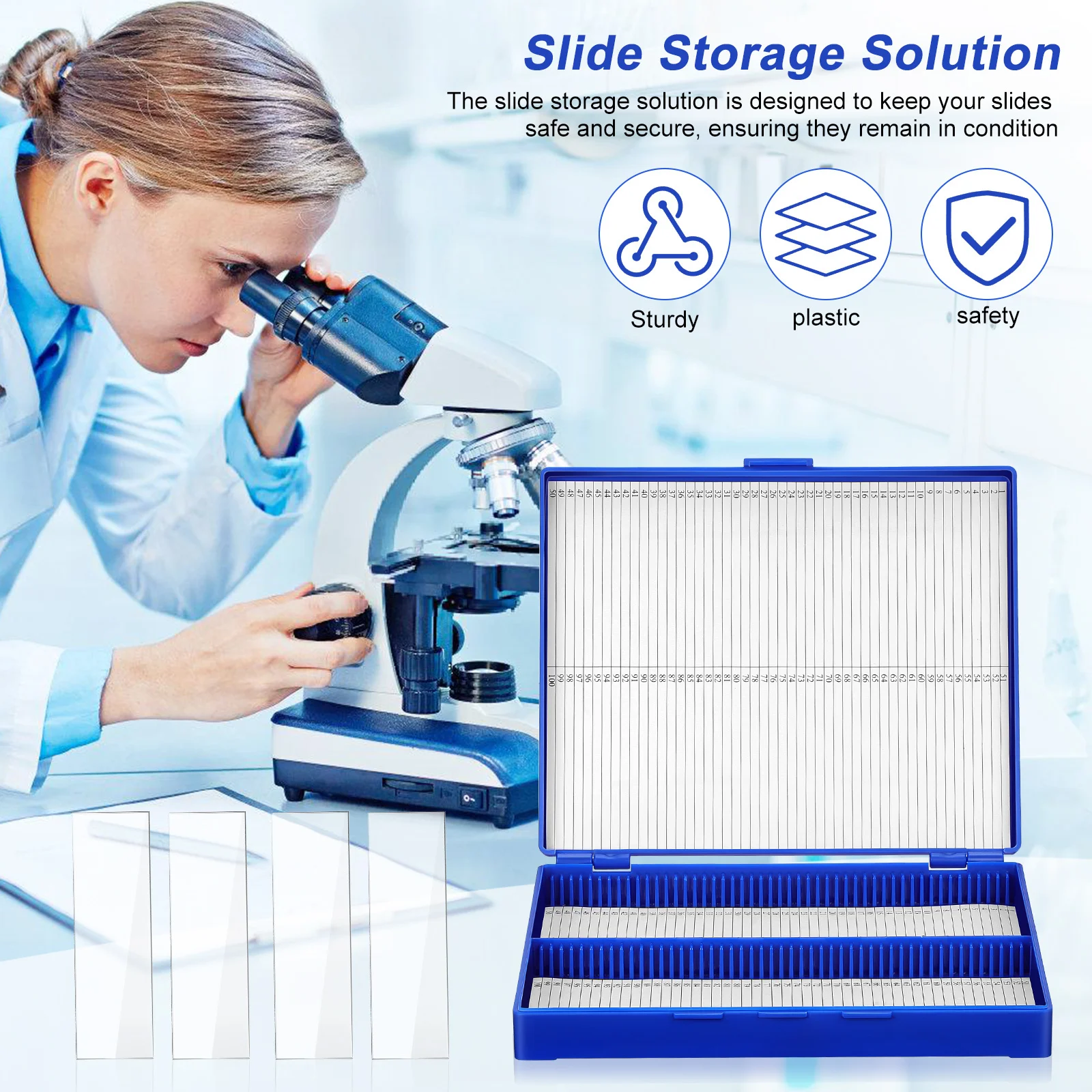 100 مكان من البلاستيك لعلم الأمراض، فتحات مرقمة متعددة الفتحات، منظم منزلق مختبر للإغلاق الآمن