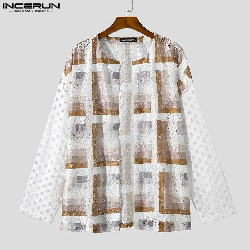 Casual Fashion Style Tops INCERUN Men\'s Tracery Patchwork See-through Mesh Shirts Male Long Sleeved Collarless Blouse S-5XL 2023