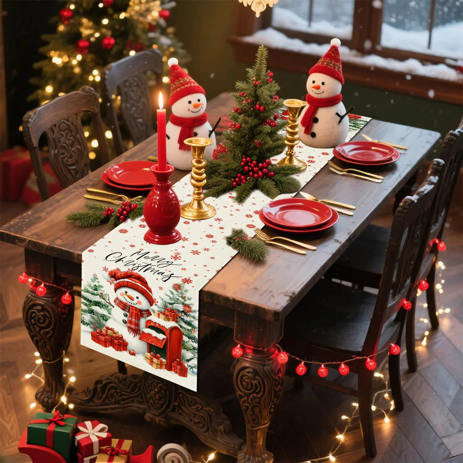 مفرش طاولة عيد الميلاد - مطبوع مسطح، يتميز ندفة الثلج، رجل الثلج، شجرة الثلج والصنوبر، مثالي لهدايا عيد الميلاد المجيد #6