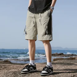 2024 Zomer Nieuwe Trend Mode Rits Zak Contrast Kleur Heren Short Elastische Taille Trekkoord Cargo Broek Eenvoudige Knielengte