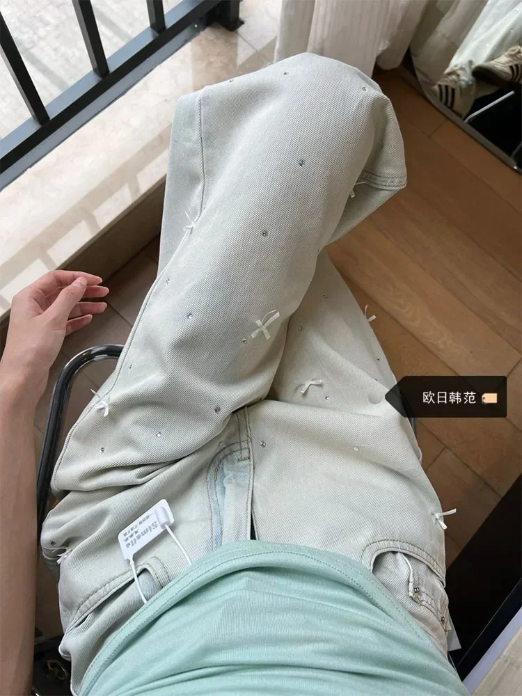 Large Size Light Blue Bow Hot Diamond Straight Jeans Female 2024 New Loose Women's Summer High Waist Drape Denim Wide Leg Pants