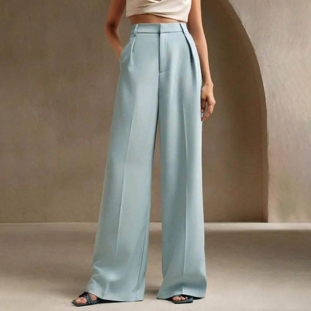 

Baggy Pants Fashion Front PocketsWomen Elegant Solid Color High Waist Wide Leg Woman Casual Loose Straight Full Trousers Female