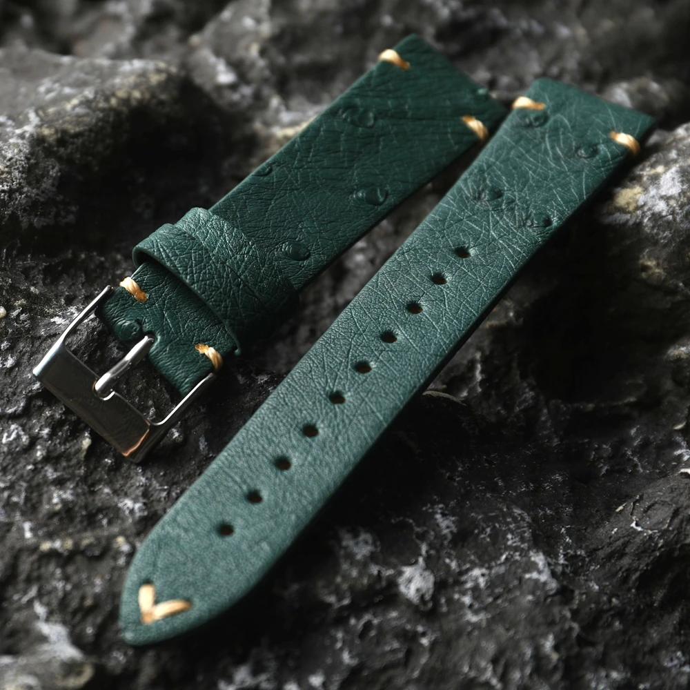 Handmade Ultra-Thin Genuine Leather Strap Ostrich Leather 20MM 18MM 22MM Green Soft Bracelet, Vintage Style