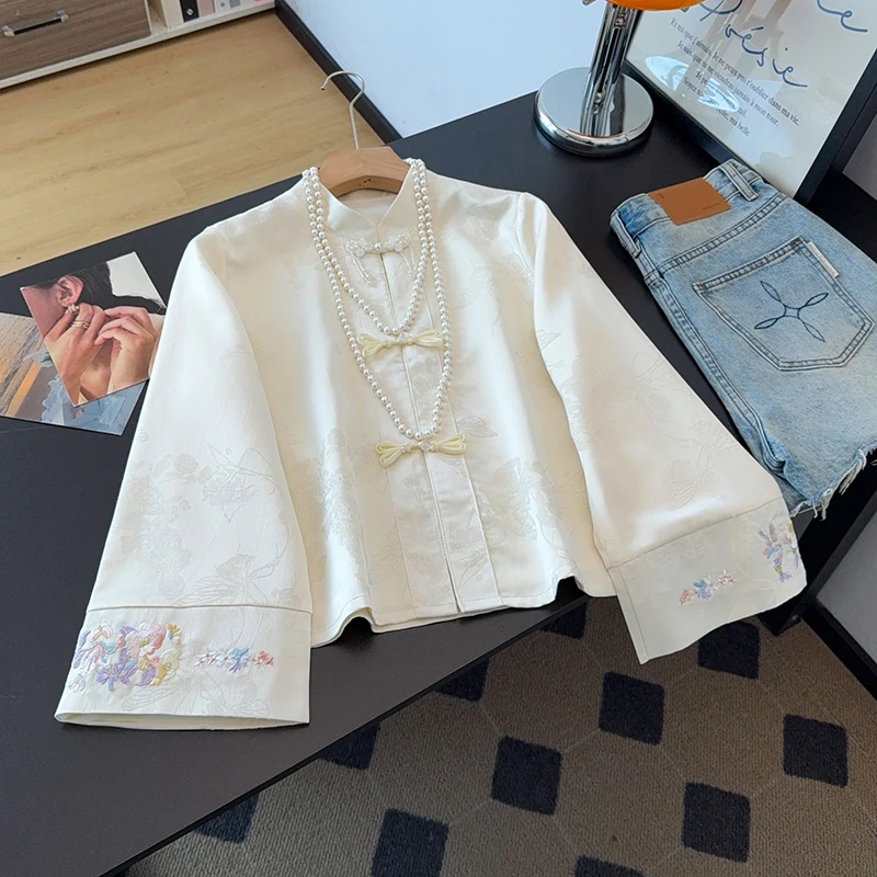 Elegant Chinese Style Long Sleeve Embroidered Satin Jacket Loose Fit Stand Collar Improved Tang Suit Outerwear for Women