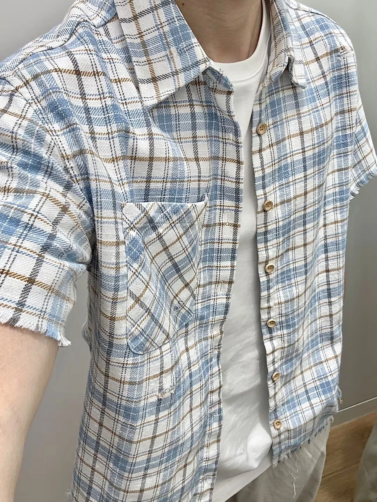 

Summer American Sle Destroyed Waed Men's Loose Casual ort Sve Plaid irt Blue Outerwear Coat Trendy Youth Faion