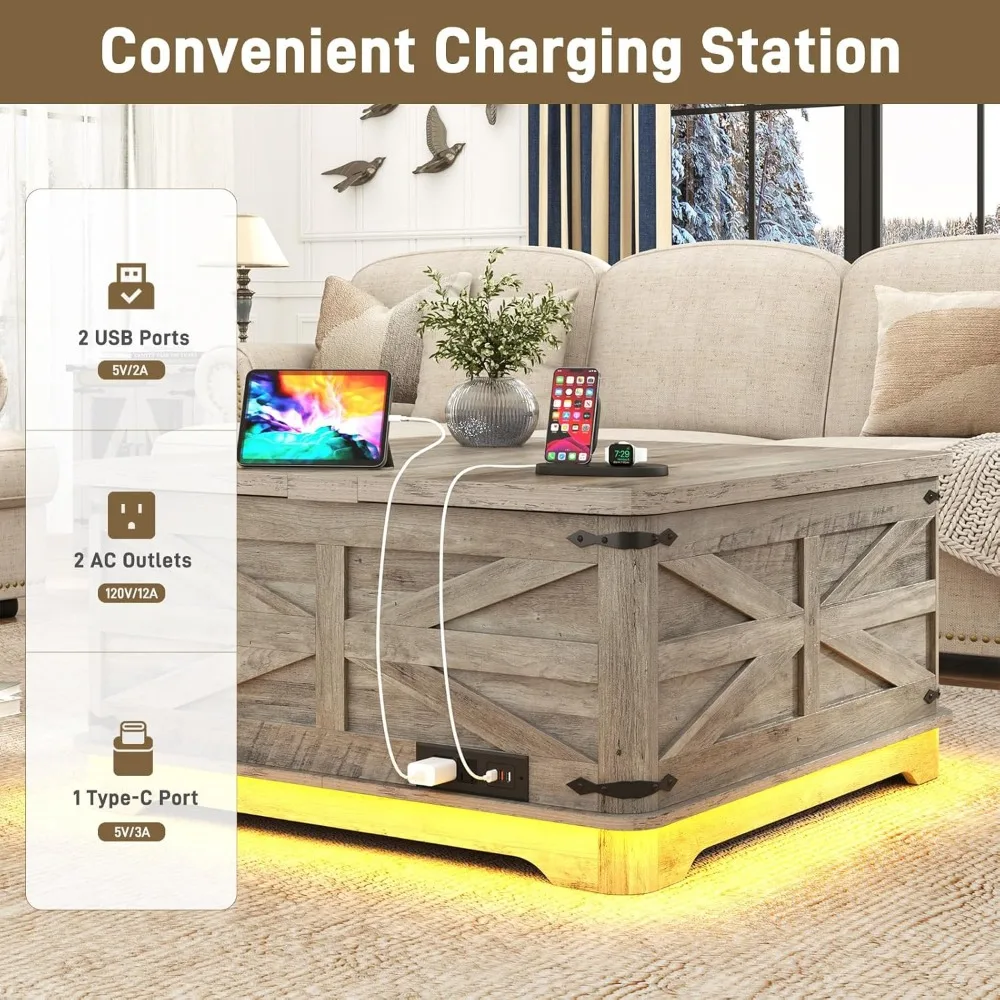 LED Lift Top Coffee Table with Storage, Power Outlets, Square Wood Living Room Table, Large Hi-End Furniture