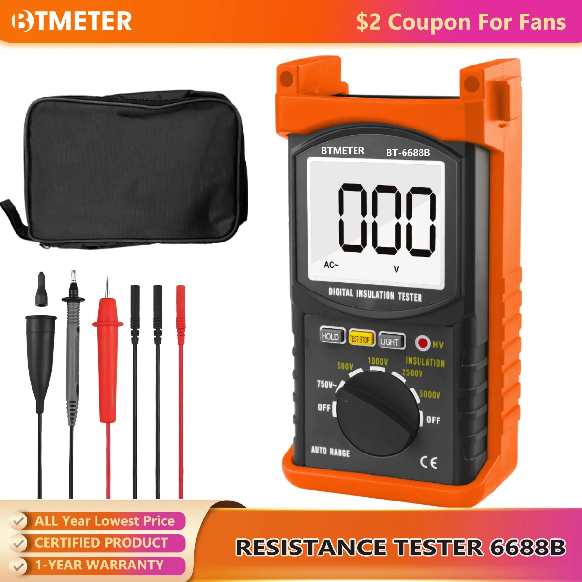 BTMETER BT-6688B Digital Insulation Resistance Tester,Test Voltage 5000V,Resistance 200Gohms,High Voltage Indication