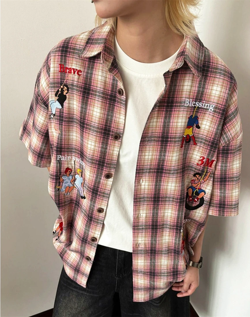 Summer Retro Cartoon Embroidery Personalized Plaid Shirts Men Women Japanese Cute Blouse Loose Oversized Short Sleeve Lapel Tops