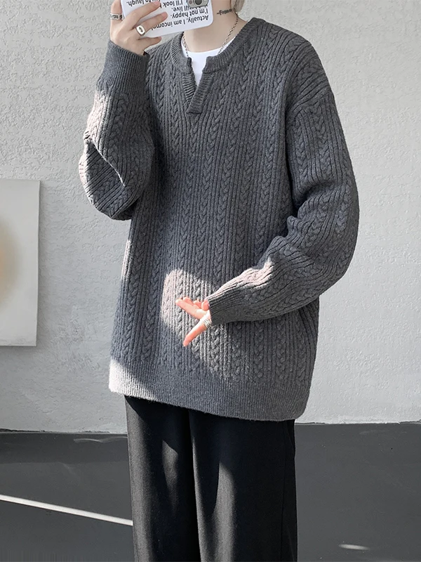 

Мужской вязаный свитер свободного кроя с V-образным вырезом, с бахромой и узором косы, повседневный, с длинным рукавом, теплый, для осени и зимы