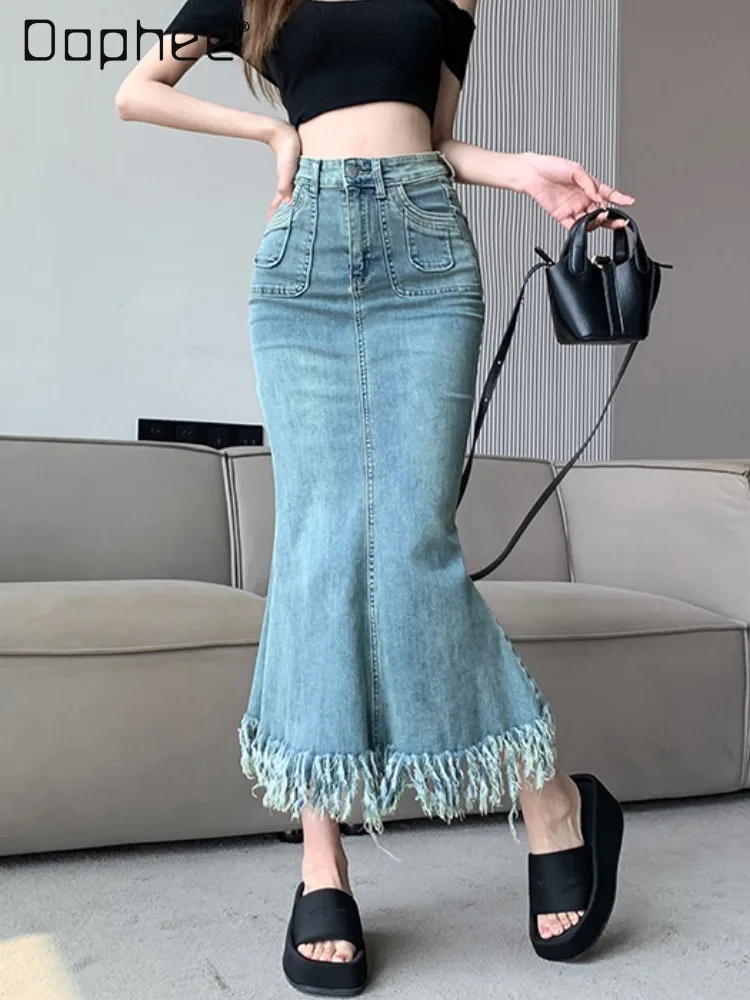 

Hip Wrap Denim Fishtail Skirt Women Tassels High Waist Slim Fit Pockets Korean Fashion Elegant Long Skirt Vintage Y2k Summer