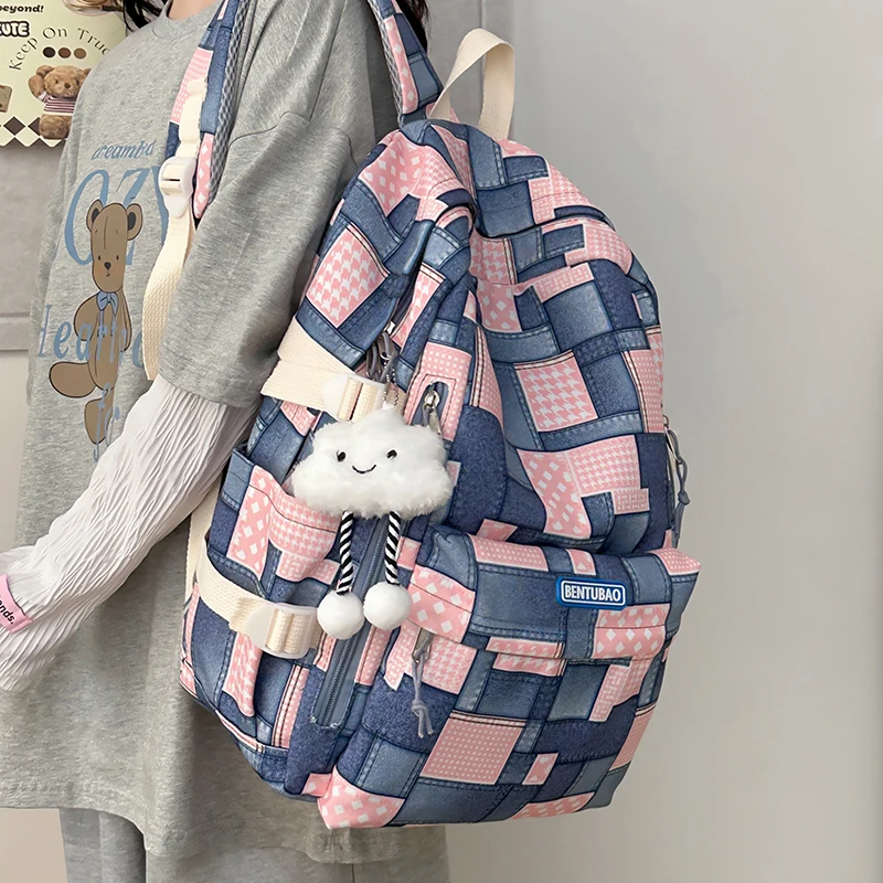 Denim Contrasting Color Students Backpacks Preppy Style College Schoolbags Large Capacity Patchwork School Bookbag Teen Rucksack