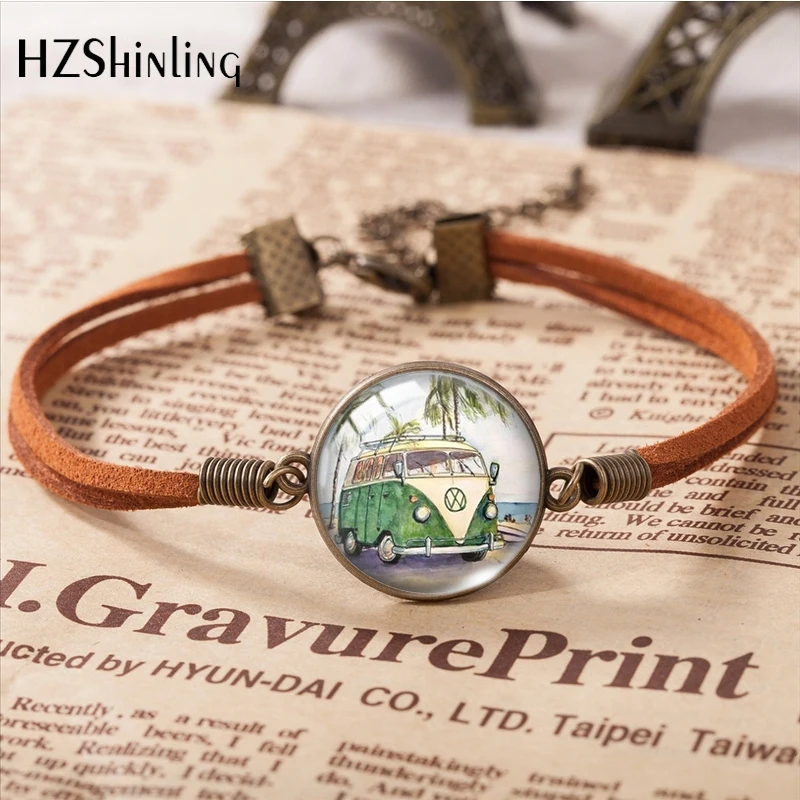 2023 New Hippie Peace Car Pattern Leather Bracelet Art Accessories Glass Cabochon Fashion Jewelry Gift