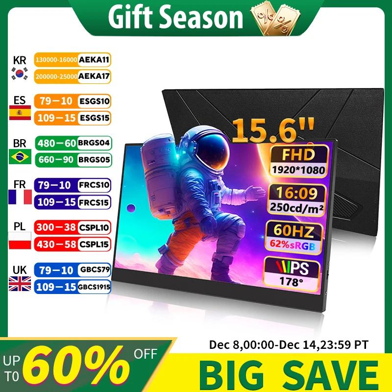 

15.6'' FHD 1080P 250cd/m² With dual Type-c & HDMI Interface Ultra-Slim Portable Monitor for Laptop PC Phone PS4/5 Xbox Switch