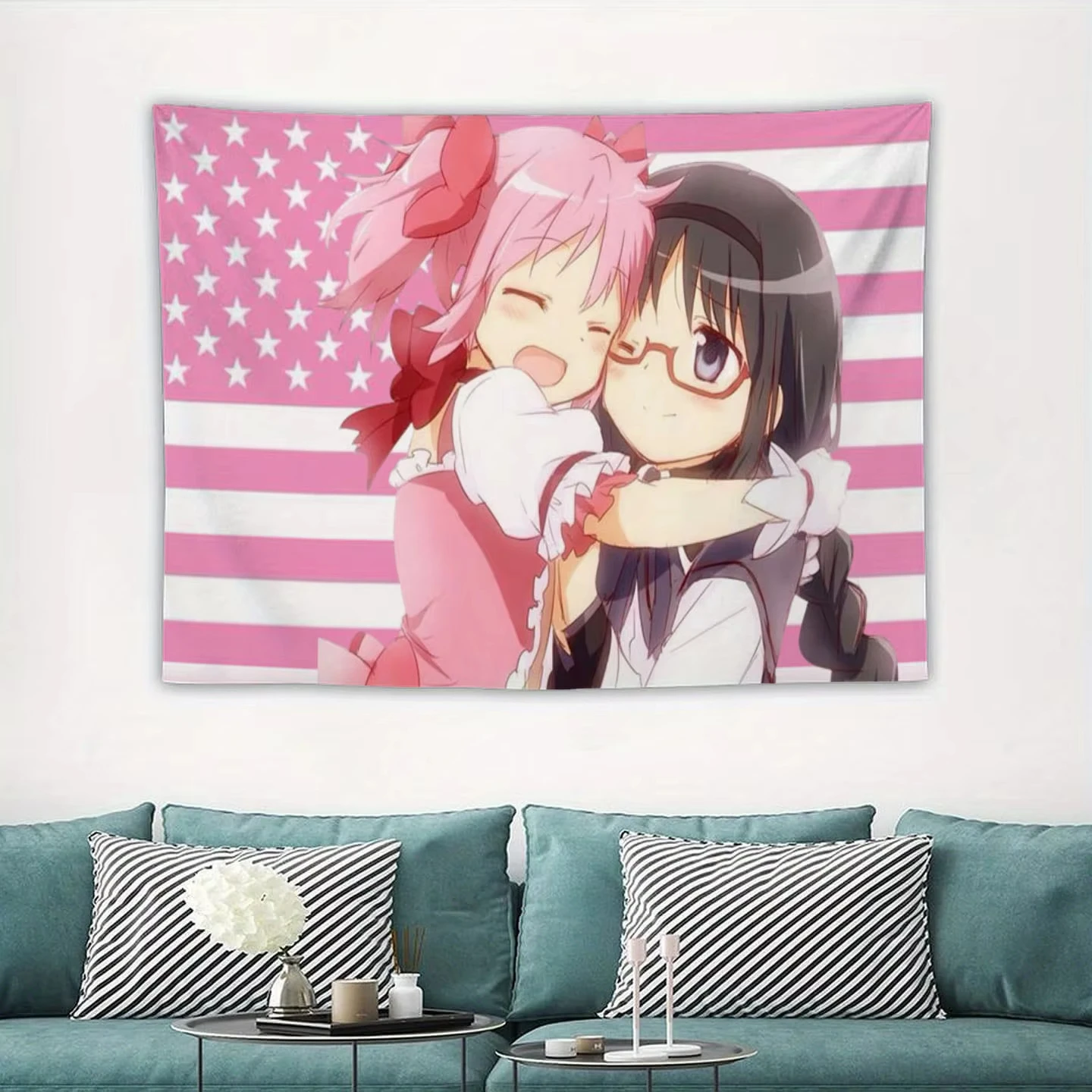 Kawaii Pink American Flag Anime Tapestry Flat Print Cute Magical Girls Wall Hanging for Bedroom Dorm Room Decor Aesthetic Poster