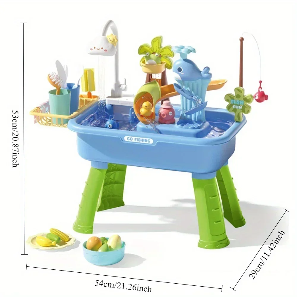 Lavello da gioco per bambini con acqua corrente e rubinetto elettrico, tavolo ad acqua con pompa, stoviglie e giochi di pesca, set da cucina giocattolo per bambini