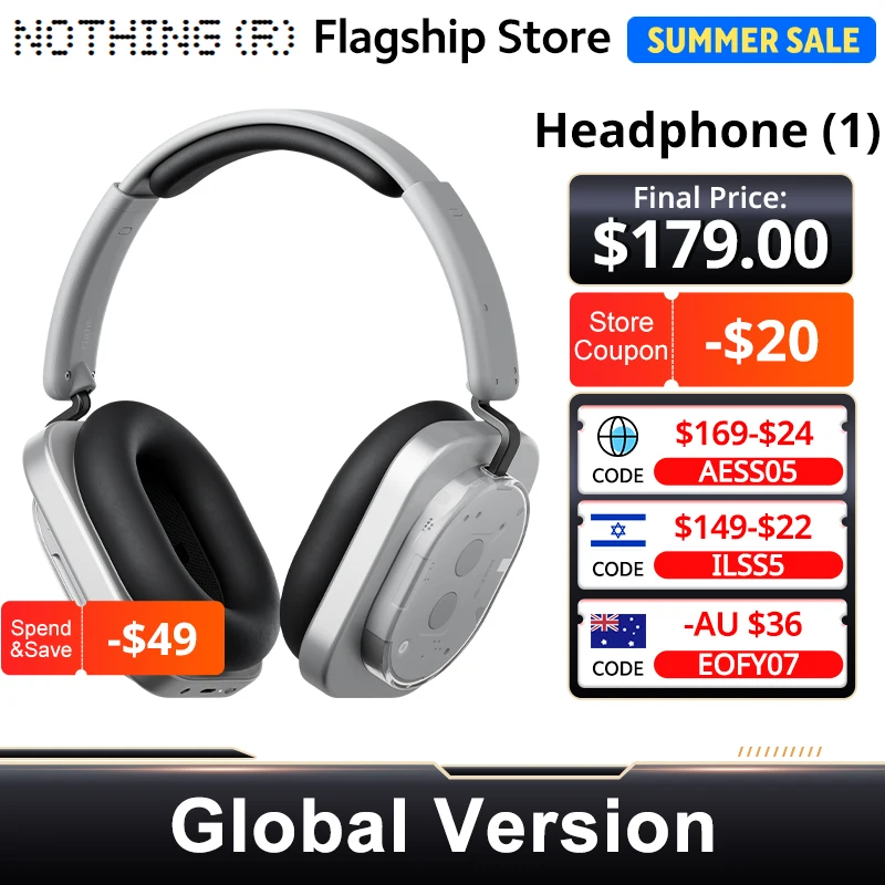 Versión Global Nothing Headphone (1) Auriculares inalámbricos con controlador dinámico de 40 mm 15 Auriculares ANC de carga rápida compatibles con AAC SBC LDAC