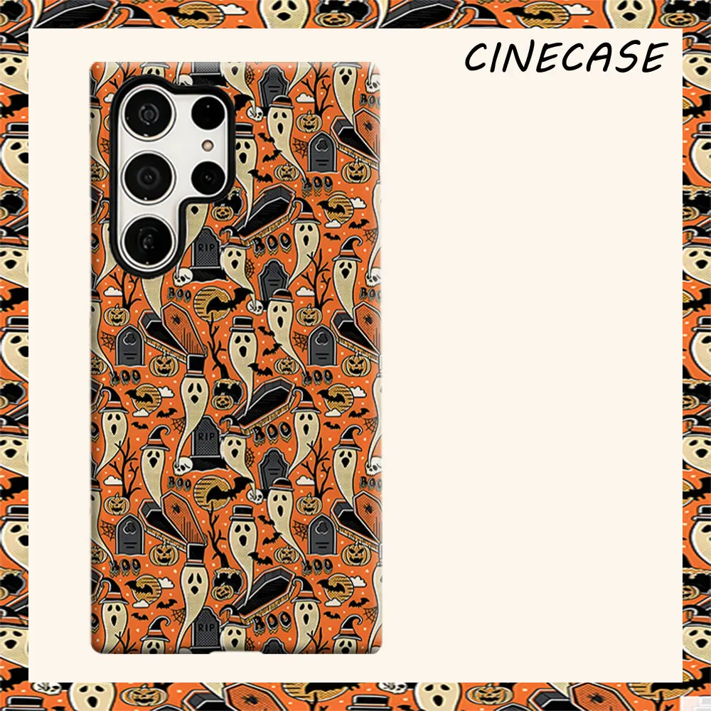 orange halloween ghost coffin For Samsung Galaxy S26 S25 S24 A56 A36 Dual Layer Luxury Fashion Full Lens Protective Case