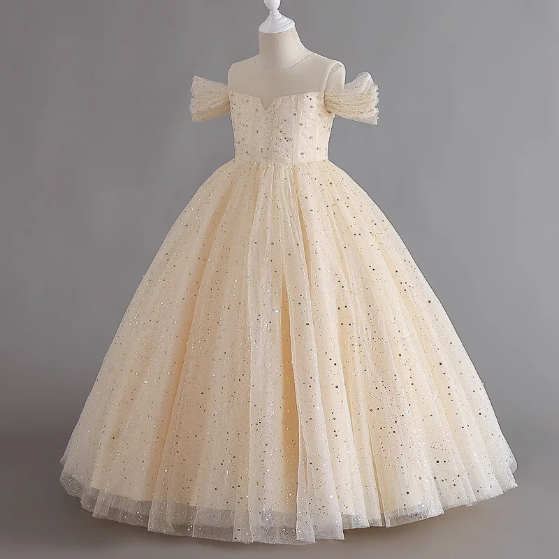 Luxury Girl Formal Dress Off Shoulder Gown Sequin Tulle Princess Dress Floor Length Puffy Evening Wedding Party Elegant Sparkle