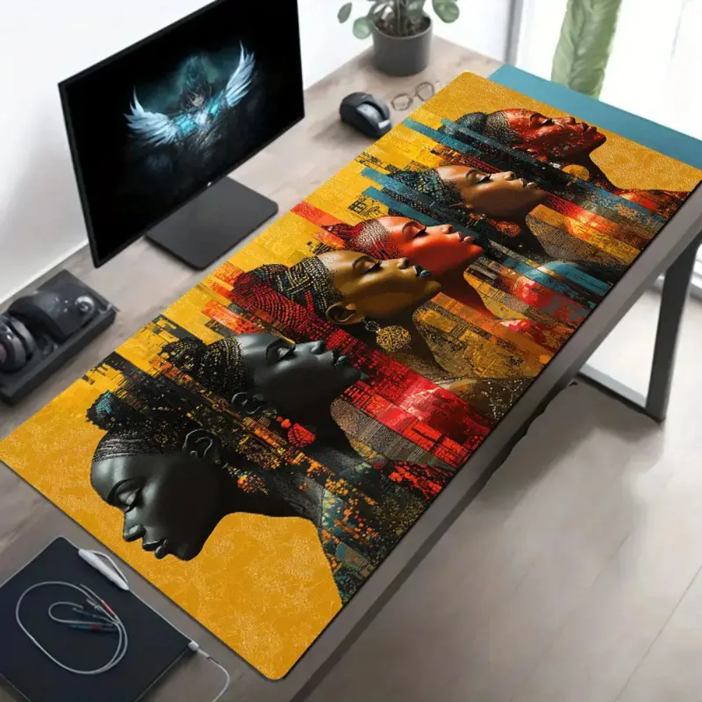 

Ethnic African Women Art Extended Mouse Pad, Black Gold Red Large Desk Mat, Boho Office Gaming Decor