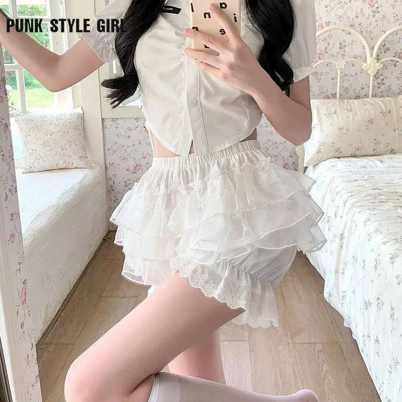 2024 Harajuku Sweet White Women Lace Ruffles Bloomers Shorts Victorian Pumpkin Pants Lolita Kawaii Bow JK Dress Safety Shorts