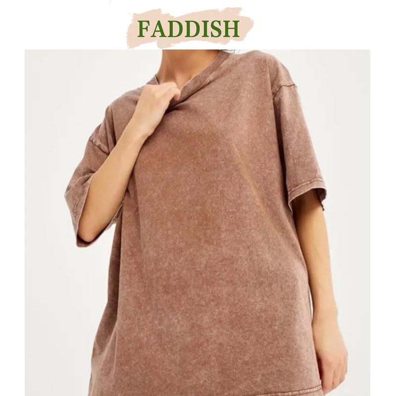 FADDISH 2024 Summer New Women Fashion Vintage O Neck Washed Batik Short Sleeve T-Shirts Ladies Solid Casual Loose Cotton Tee Top